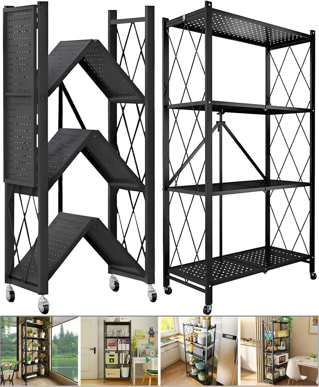 Wheeled 4-Tier Foldable Metal Multi-Purpose Storage Baker’s Rack