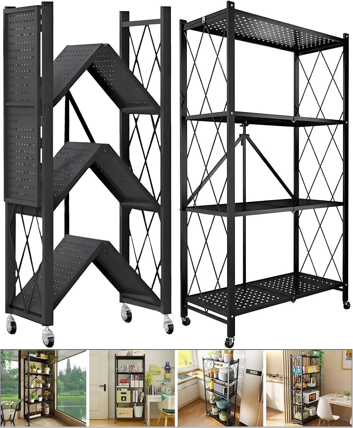 Wheeled 4-Tier Foldable Metal Multi-Purpose Storage Baker’s Rack