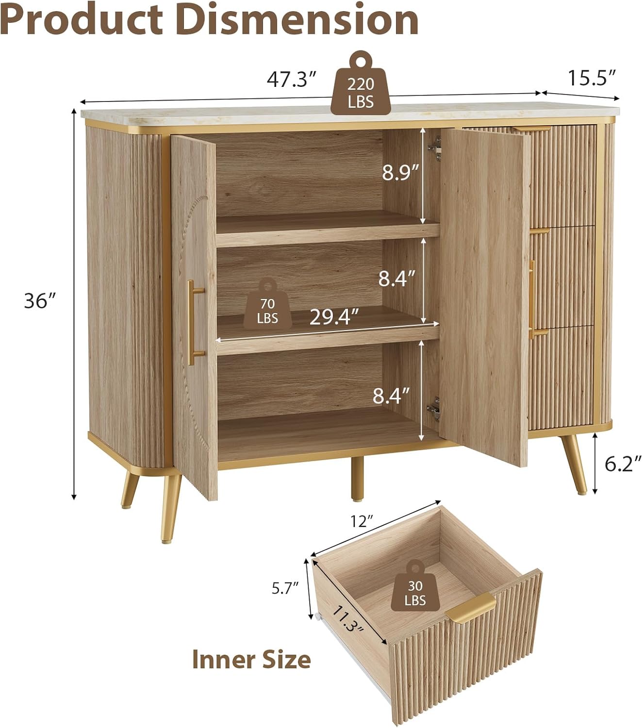 Natural Oak Fluted 2-Door 3-Drawer Storage Sideboard Cabinet