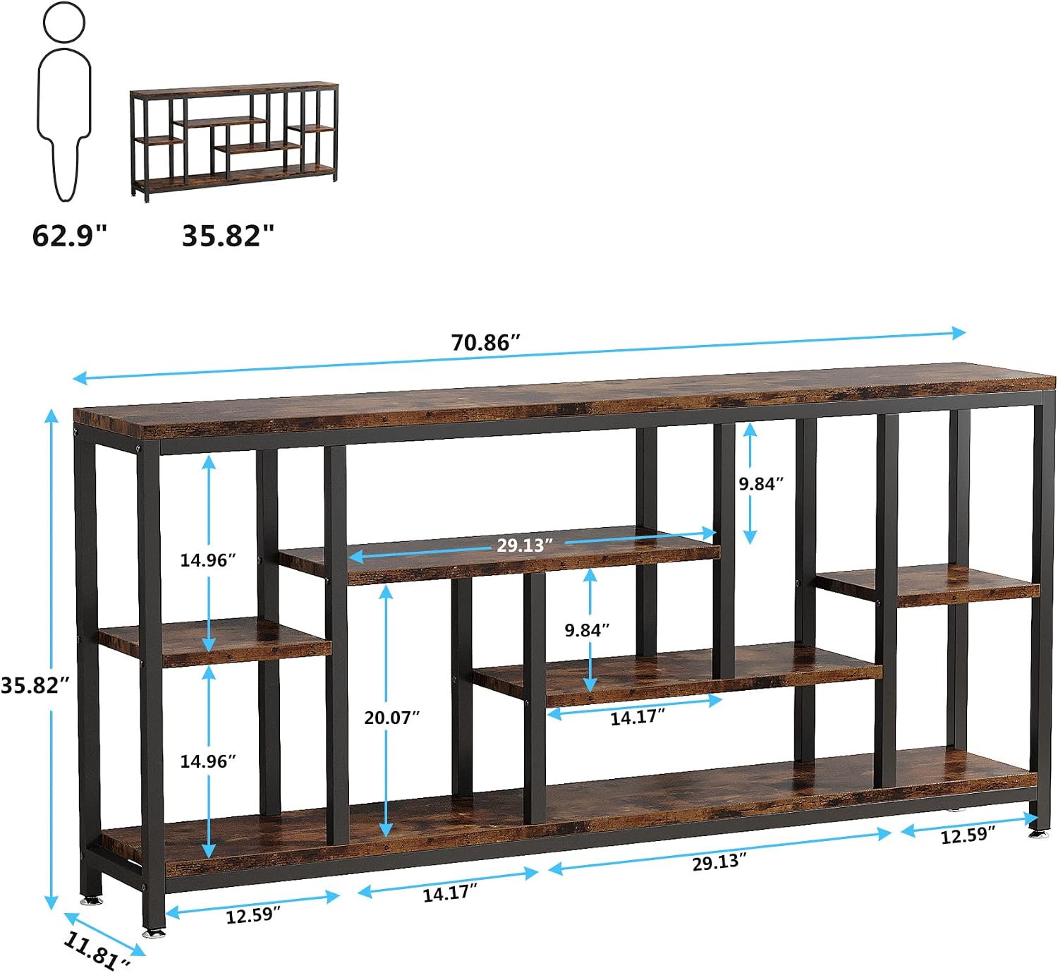Rustic Brown 70.9" 3-Tier Extra Long Industrial Sofa Console Table