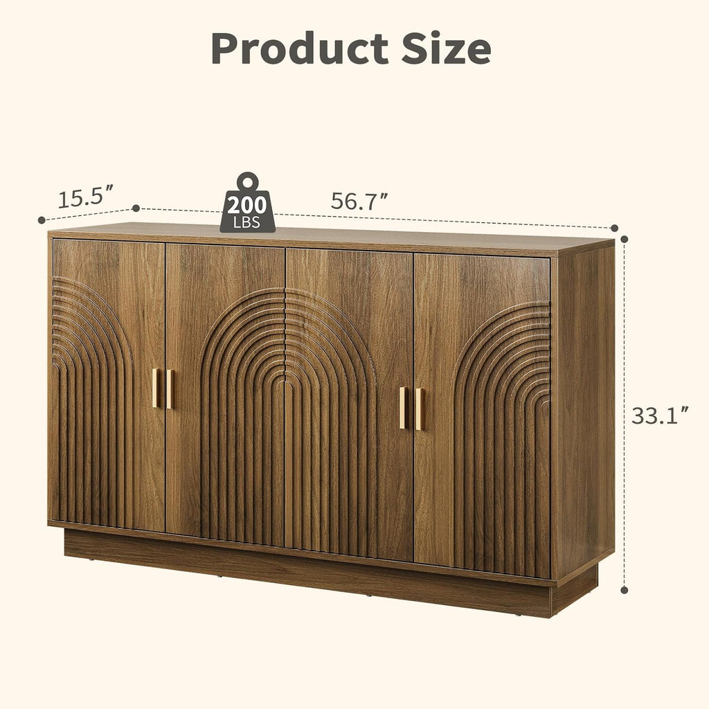 Walnut Fluted 4-Door 57 Inch Storage Sideboard Credenza