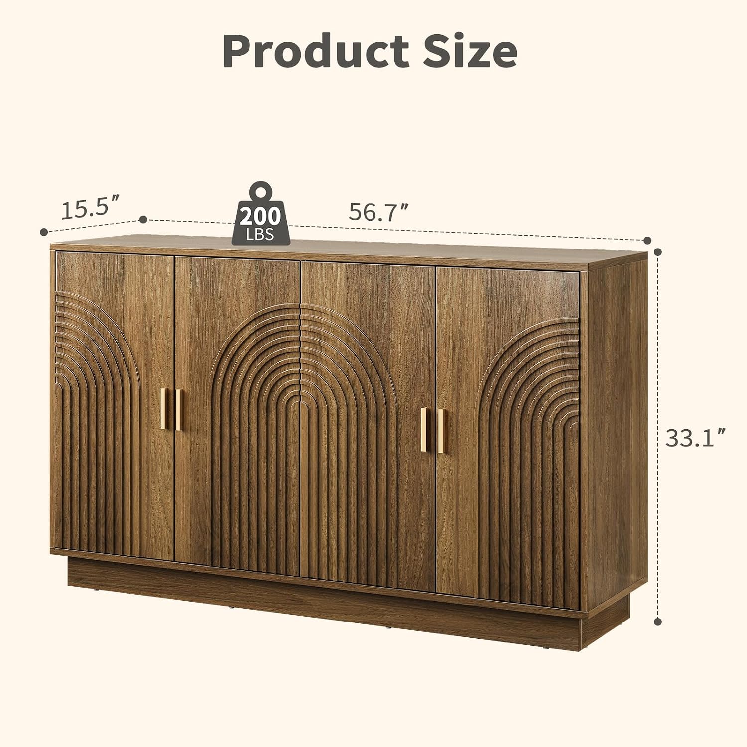 Walnut Fluted 4-Door 57 Inch Storage Sideboard Credenza