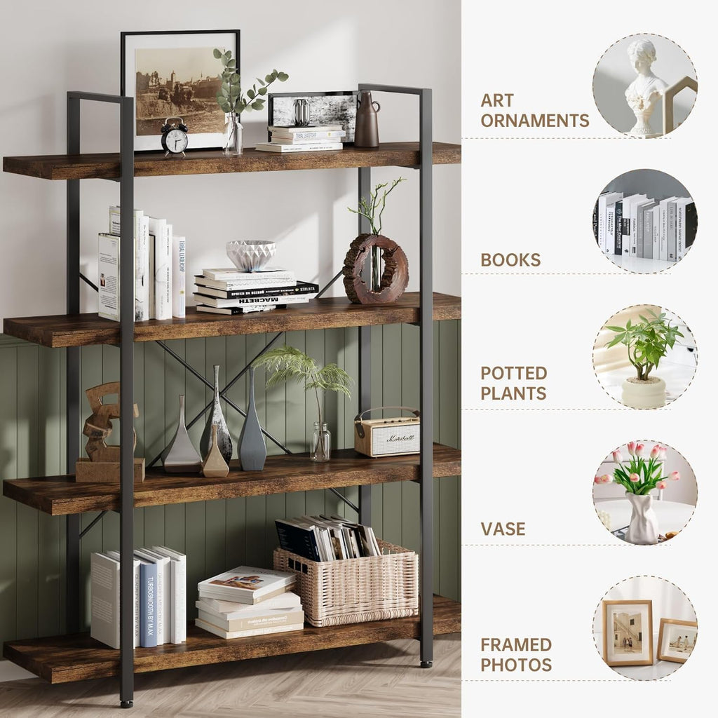 Rustic Wide 4-Tier Heavy Duty Industrial Open Display Bookcase