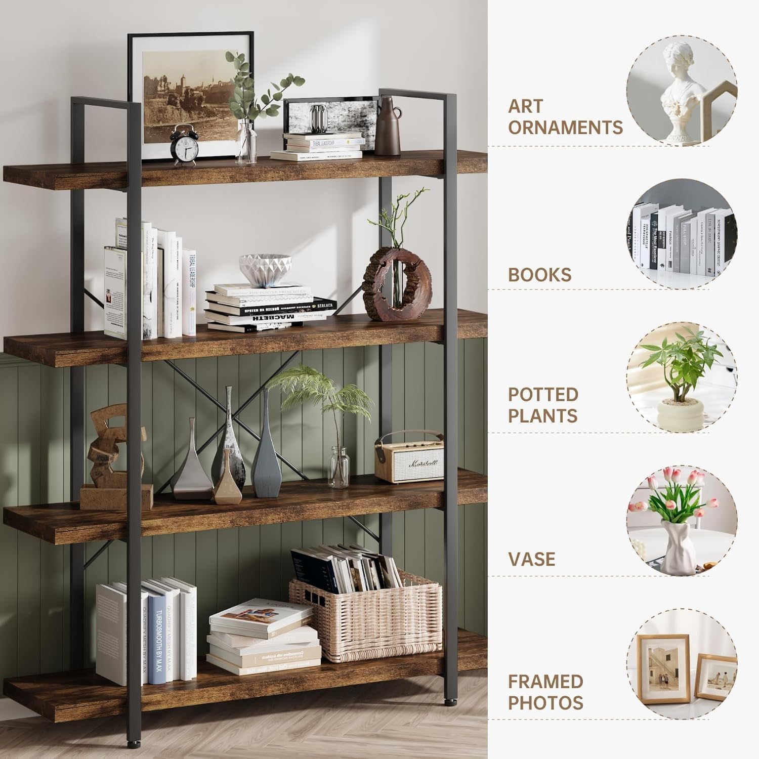 Rustic Wide 4-Tier Heavy Duty Industrial Open Display Bookcase