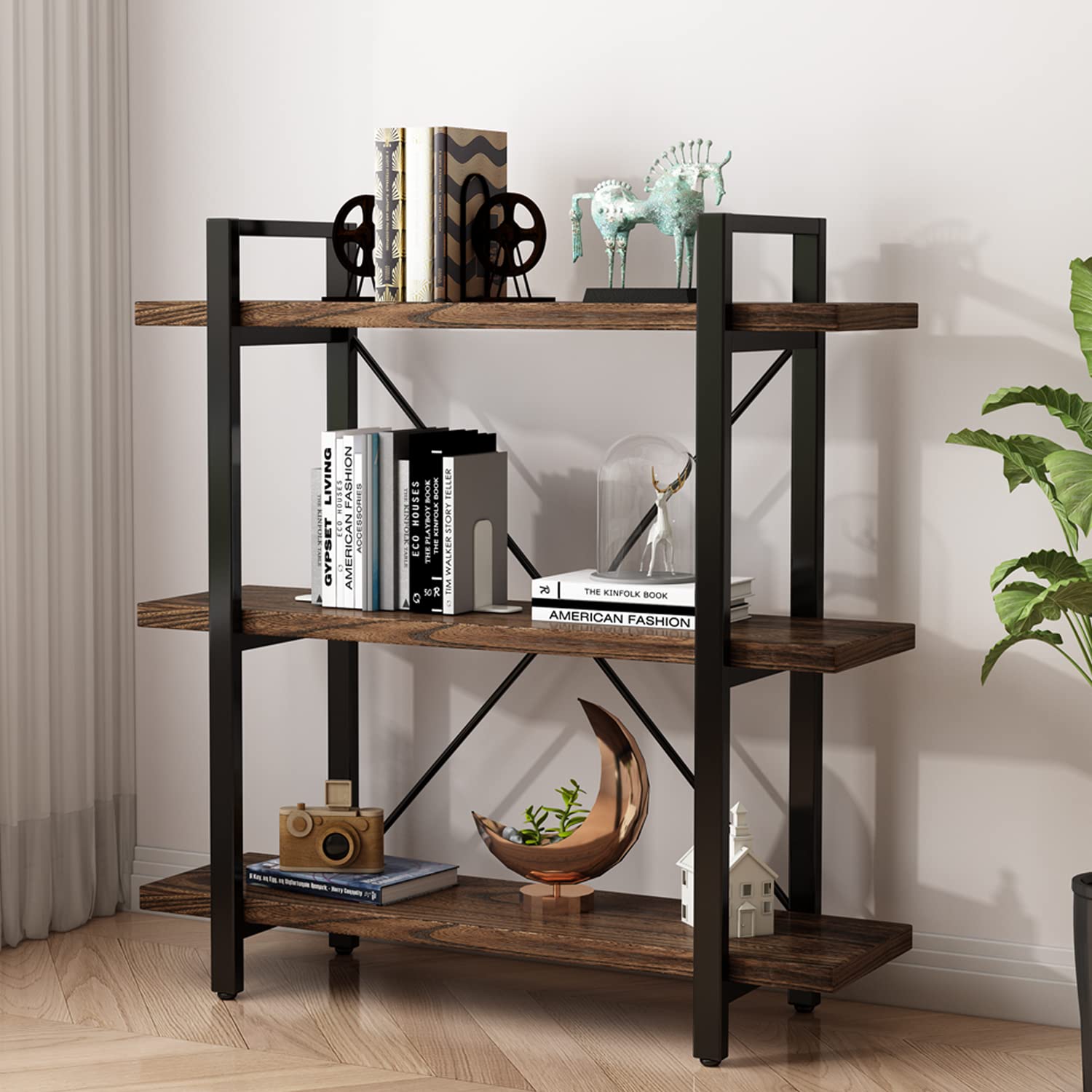 Distressed Brown 6-Tier Wood & Metal Open Bookshelf
