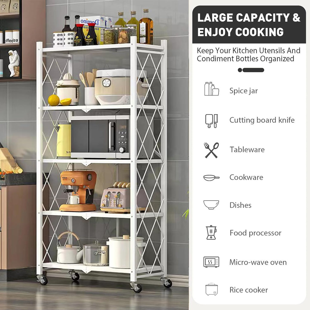 White 5-Tier Wheeled Foldable Heavy Duty Metal Storage Shelf