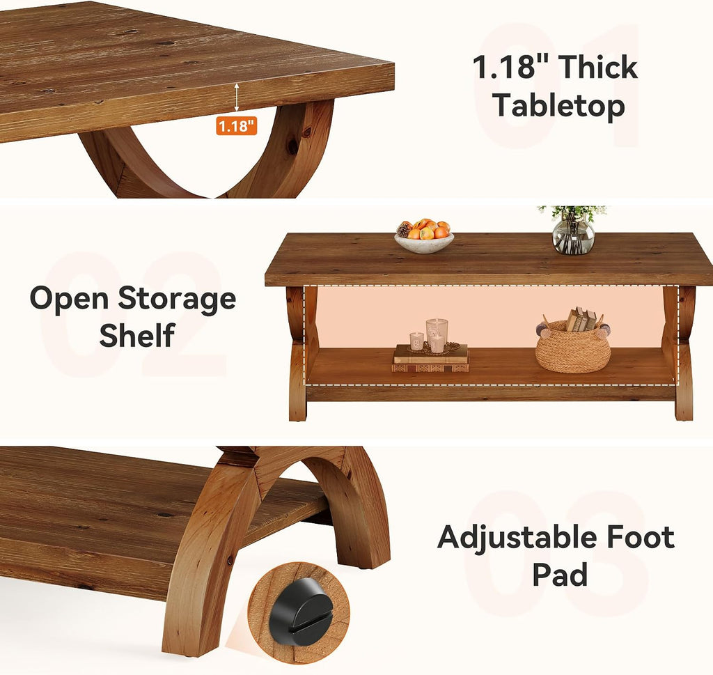 47.2 Inch Rectangle Solid Wood Coffee Table with Storage Shelf for Living Room