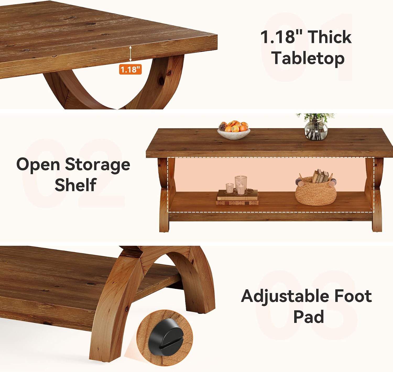47.2 Inch Rectangle Solid Wood Coffee Table with Storage Shelf for Living Room