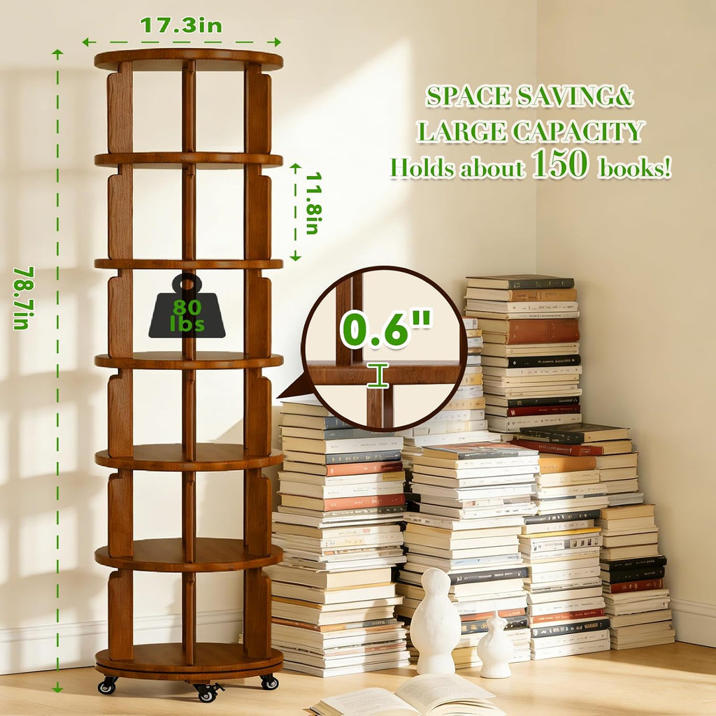 Walnut Wheeled 6-Tier 360° Rotating Solid Wood Corner Bookshelf