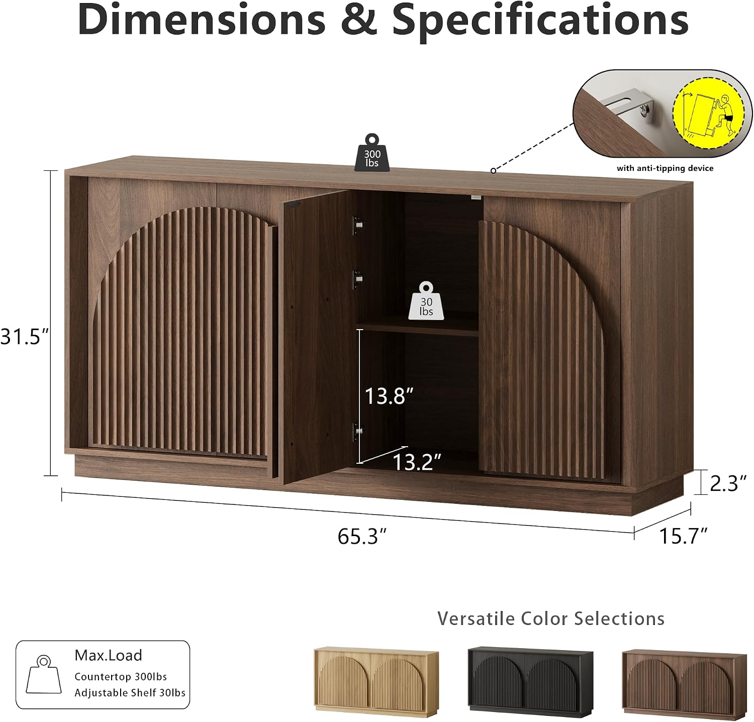 Walnut Double-Layer Arch Fluted 65 Inch Mid-Century Sideboard Credenza