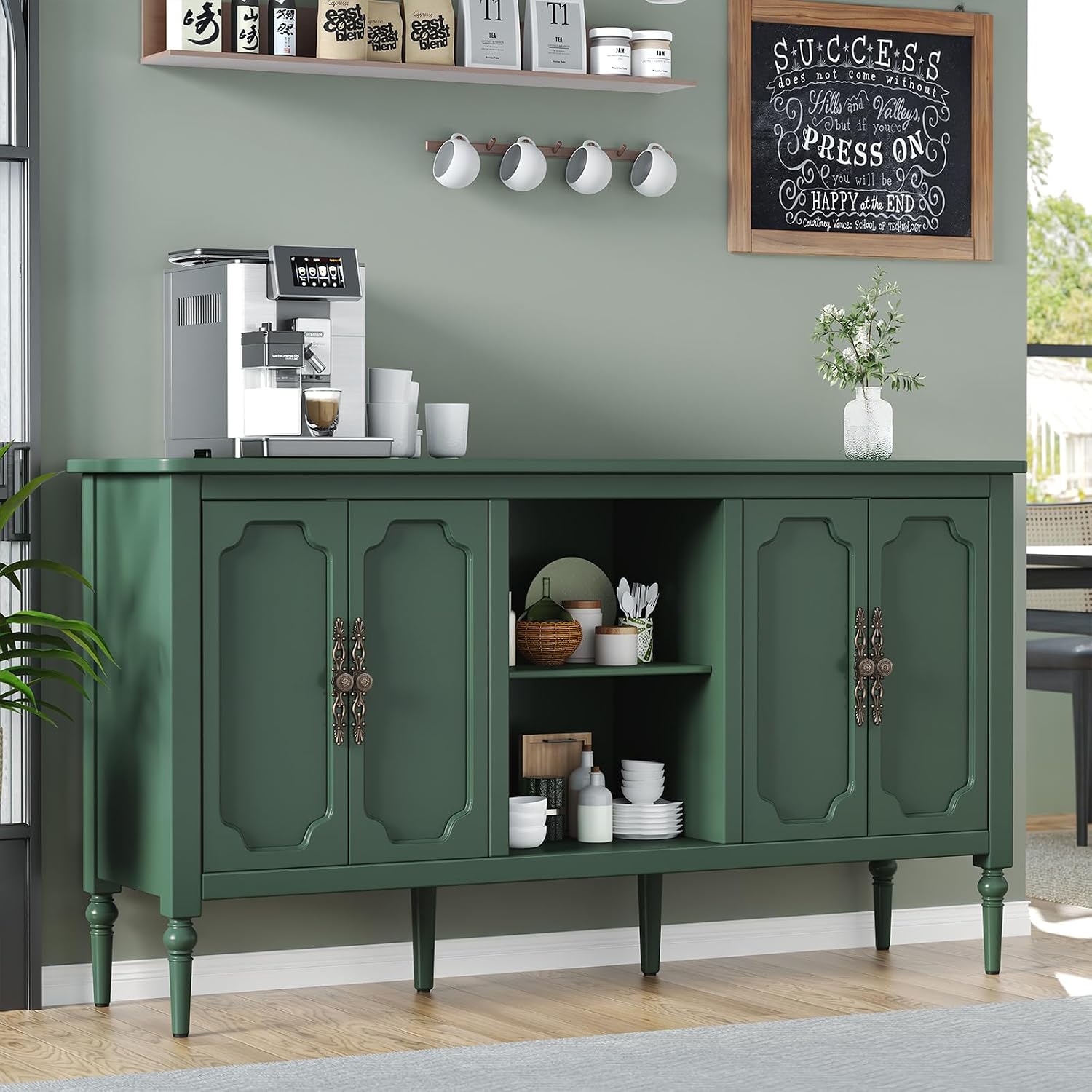 Green 59" Vintage Mid-Century 4-Door Sideboard TV Credenza
