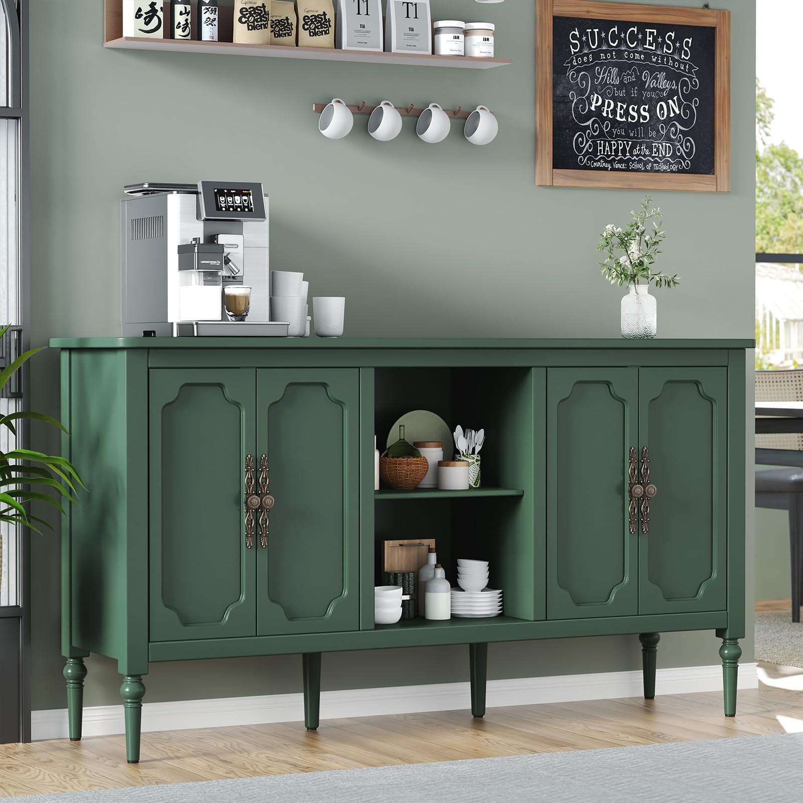Green 59" Vintage Mid-Century 4-Door Sideboard TV Credenza