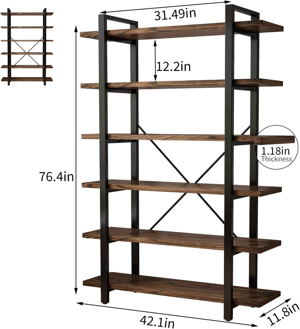 Distressed Brown 6-Tier Wood & Metal Open Bookshelf
