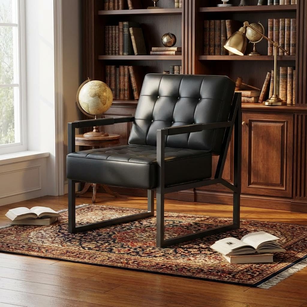 Mid-Century Black Faux Leather Reclining Accent Chair with Metal Legs