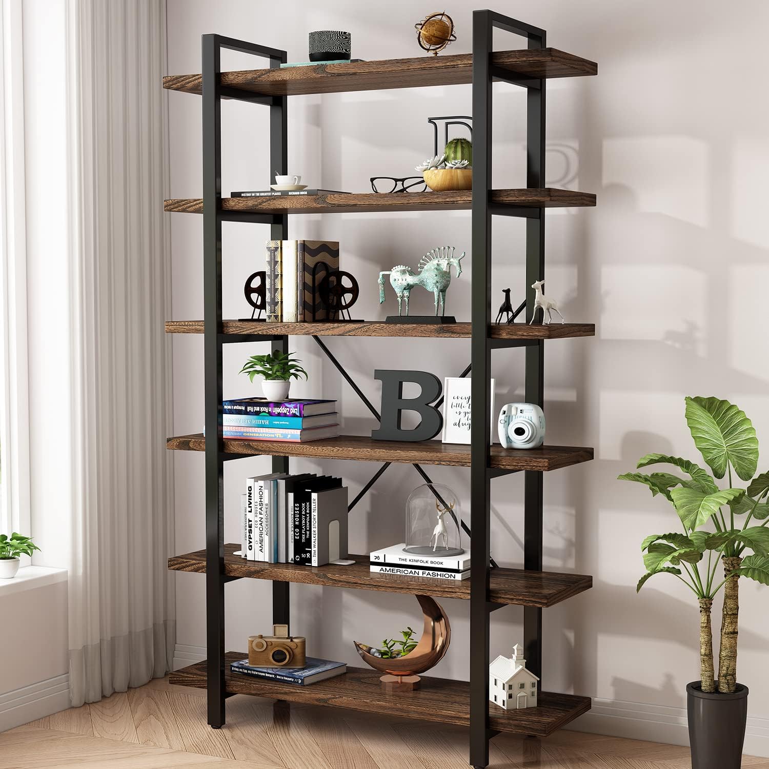 Distressed Brown 6-Tier Wood & Metal Open Bookshelf