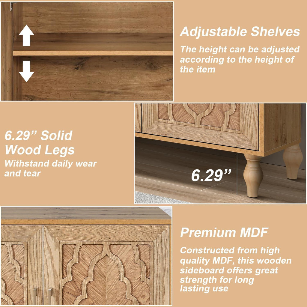 Natural Wood Floral Carved 63 Inch Storage Sideboard Credenza