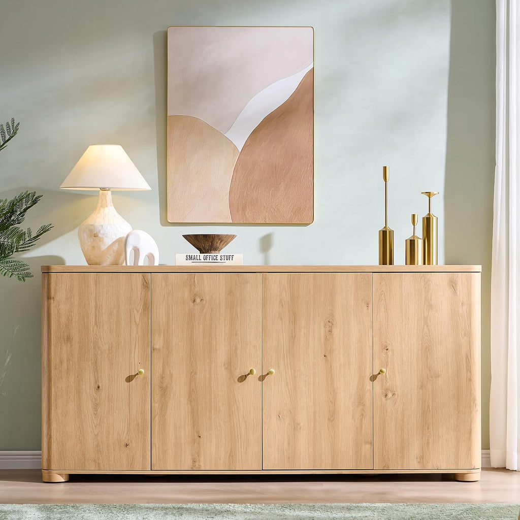 Natural Curved 4-Door 66 Inch Storage Sideboard Buffet Cabinet