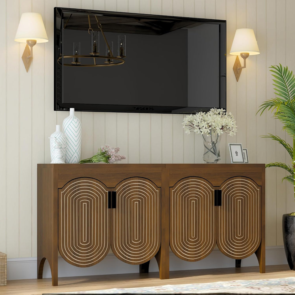 Walnut Fluted Arc Carved 4-Door Storage Sideboard Cabinet