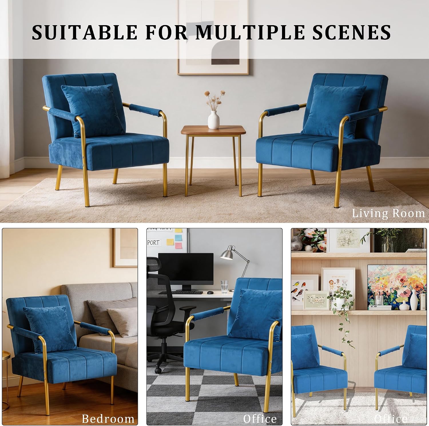 Blue Velvet Mid-Century Accent Chair with Gold Metal Frame
