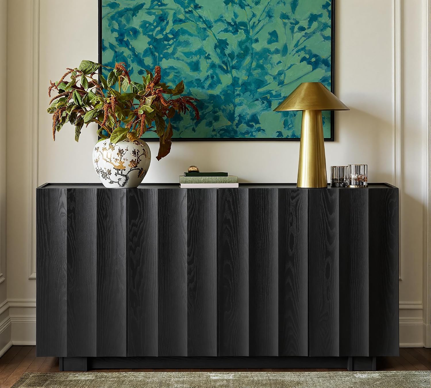 Walnut Double-Layer Arch Fluted 65 Inch Mid-Century Sideboard Credenza