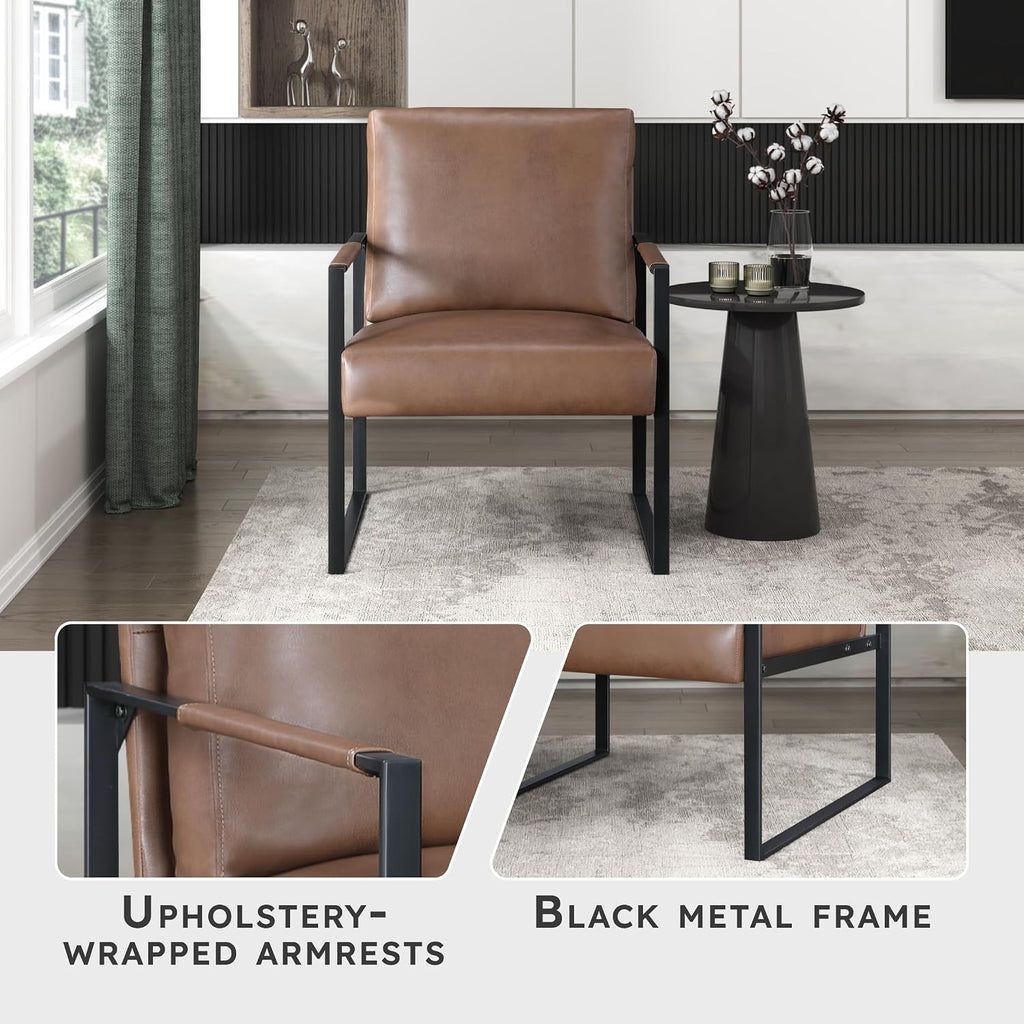 Brown Faux Leather Accent Chair with Black Metal Frame & Wrapped Armrests