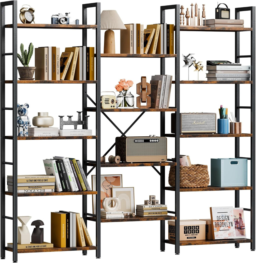 Rustic Brown Triple Column 5-Tier Wide Industrial Display Bookshelf