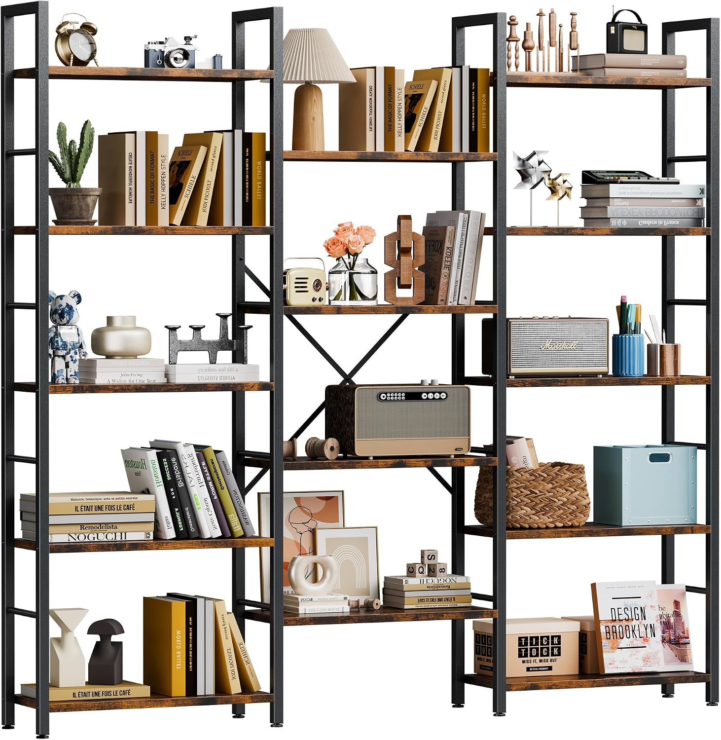 Rustic Brown Triple Column 5-Tier Wide Industrial Display Bookshelf