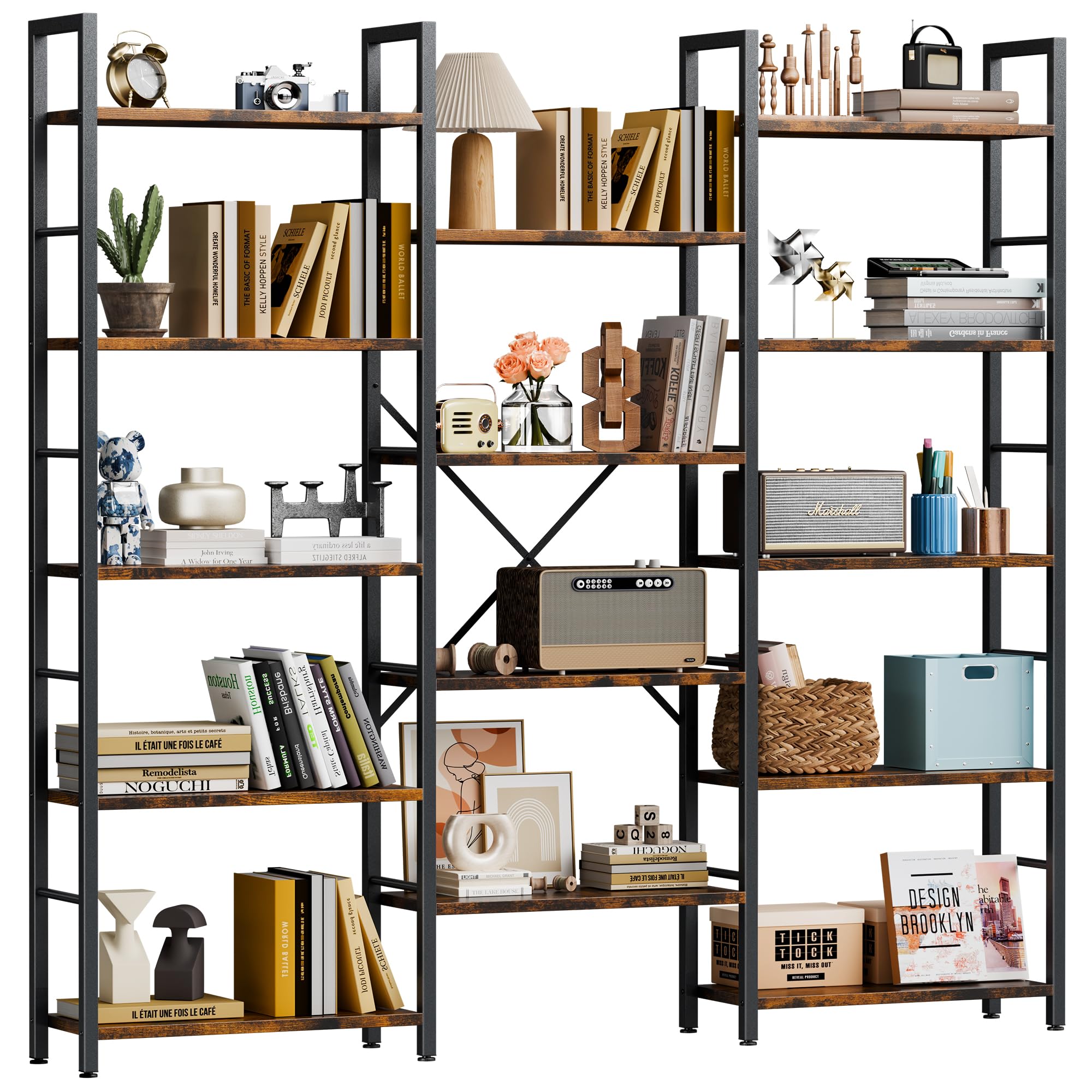 Rustic Brown Triple Column 5-Tier Wide Industrial Display Bookshelf