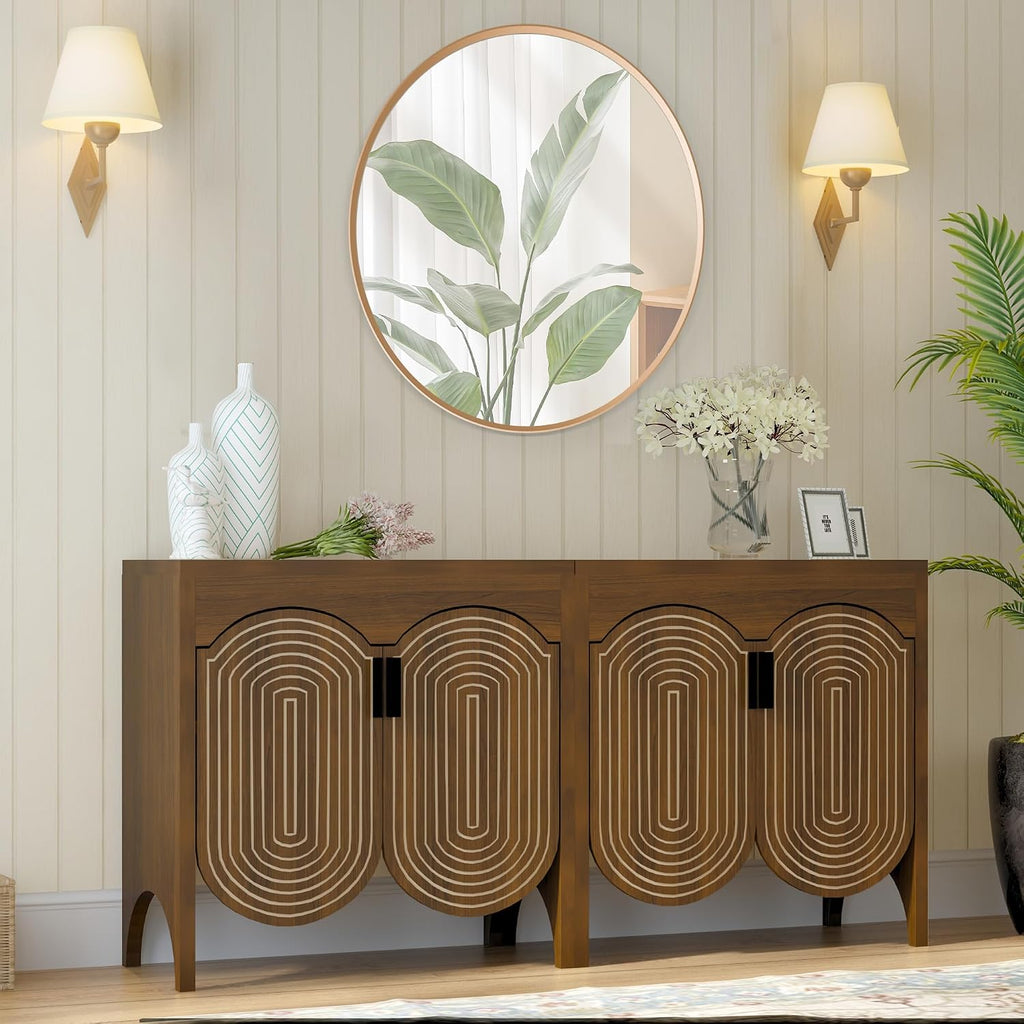 Walnut Fluted Arc Carved 4-Door Storage Sideboard Cabinet