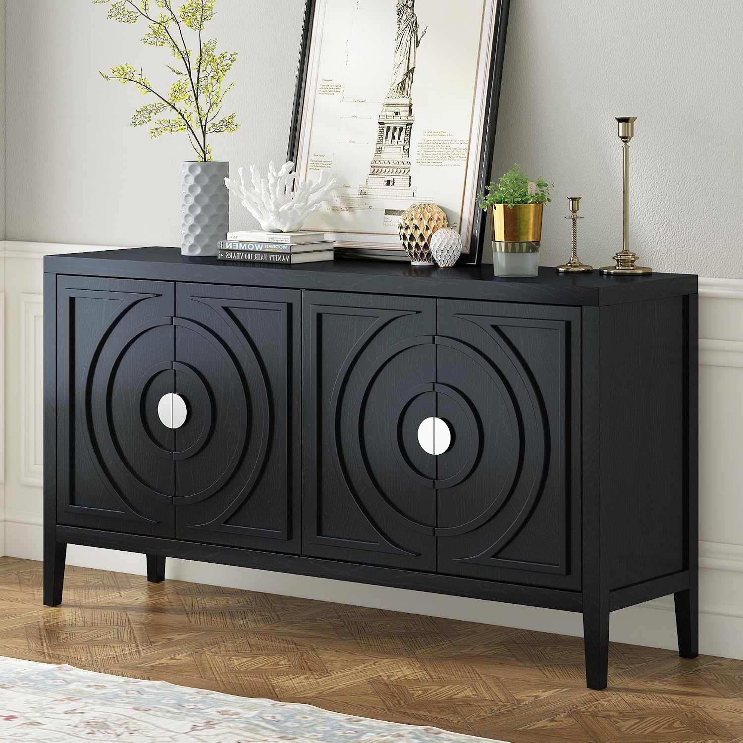 Black Round Metal Handle Retro Storage Sideboard Cabinet