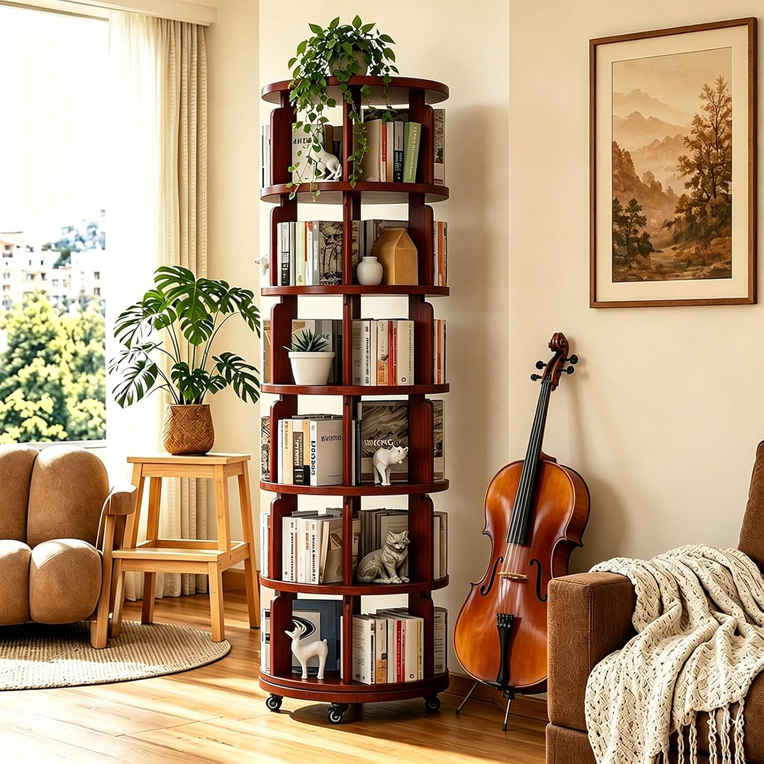Walnut Wheeled 6-Tier 360° Rotating Solid Wood Corner Bookshelf