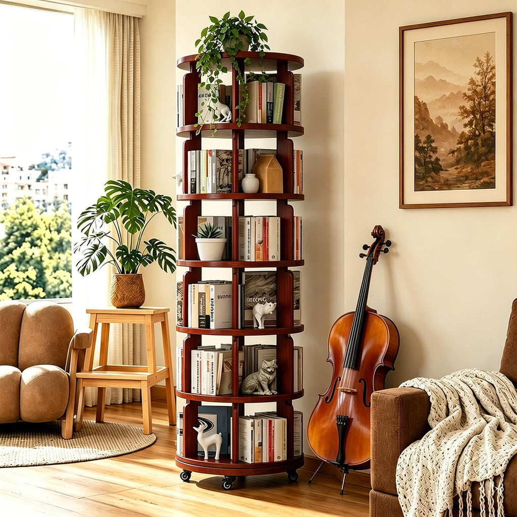 Walnut Wheeled 6-Tier 360° Rotating Solid Wood Corner Bookshelf