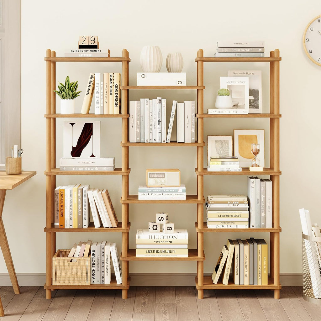 Oak Triple Wide 5-Tier Beech Frame Open Display Bookshelf