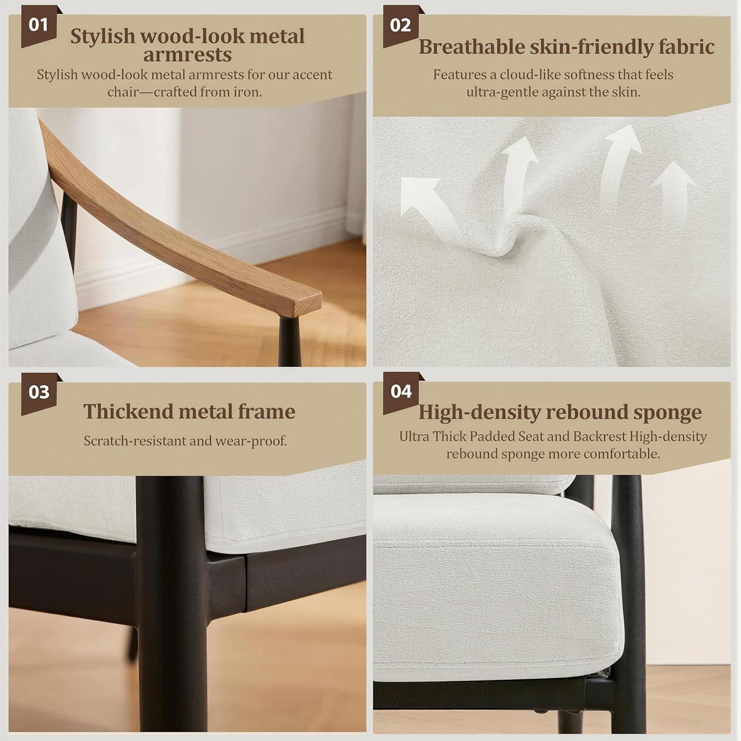 Cream White Mid-Century Metal Frame Upholstered Accent Chair