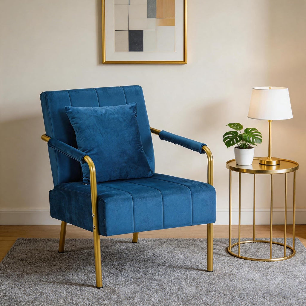 Blue Velvet Mid-Century Accent Chair with Gold Metal Frame