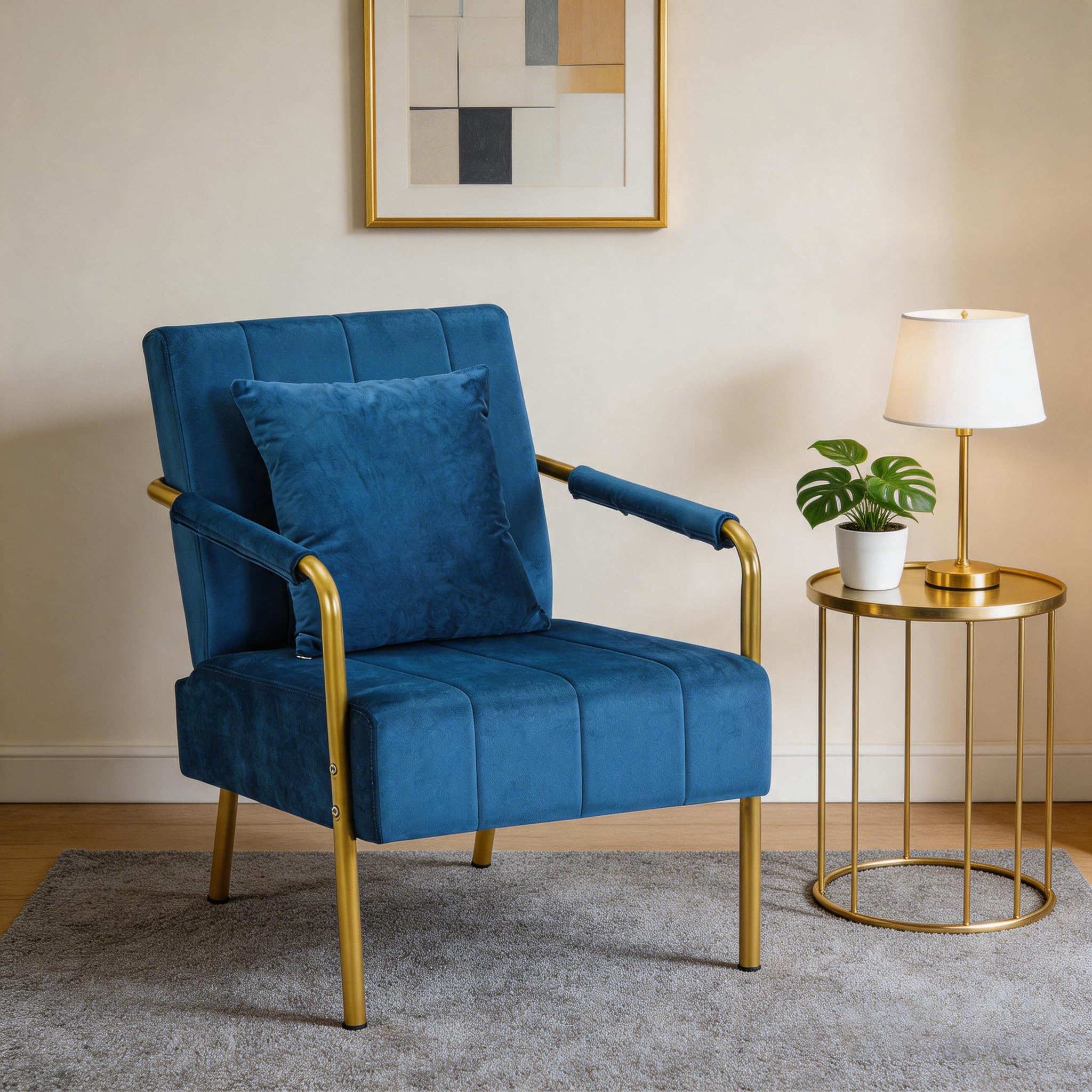 Blue Velvet Mid-Century Accent Chair with Gold Metal Frame