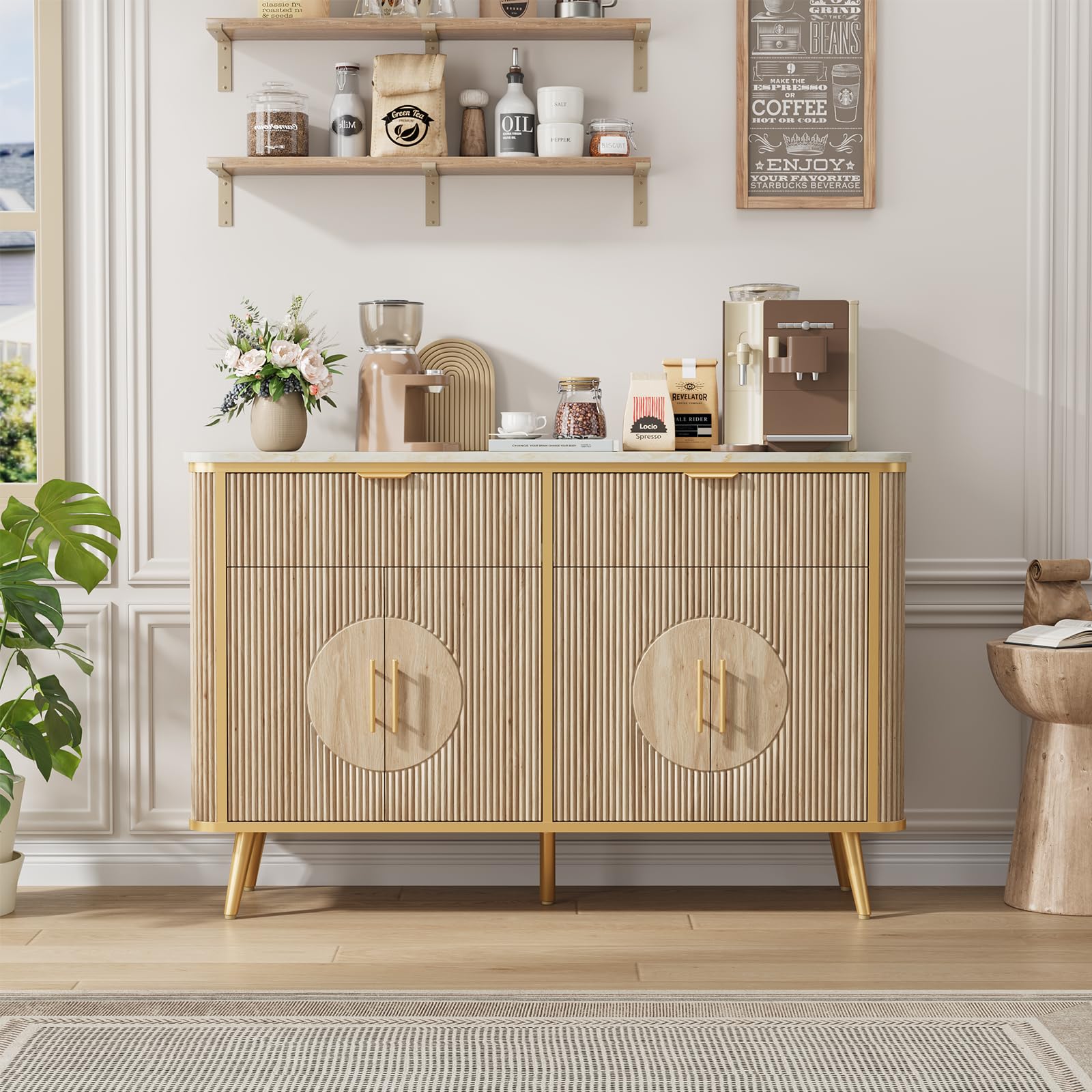 Natural Oak Fluted 2-Door 3-Drawer Storage Sideboard Cabinet