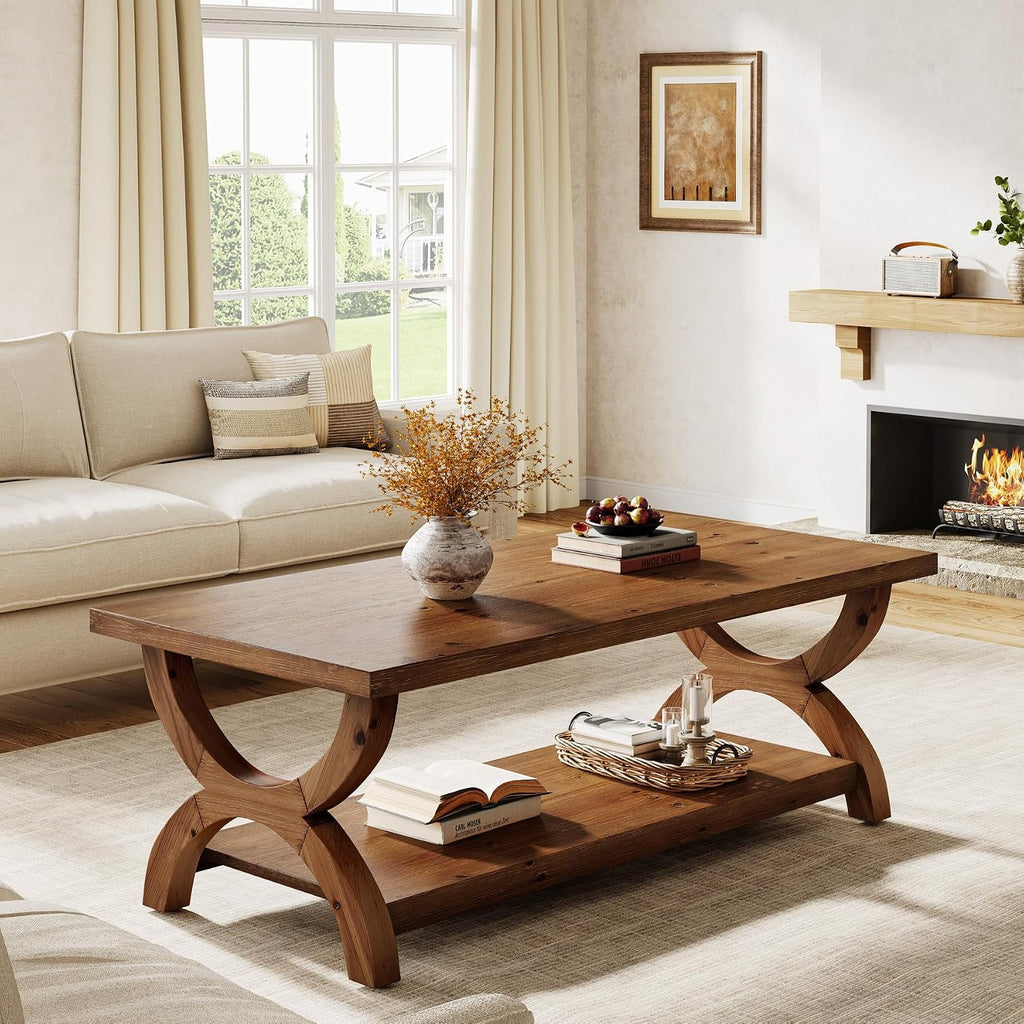 47.2 Inch Rectangle Solid Wood Coffee Table with Storage Shelf for Living Room