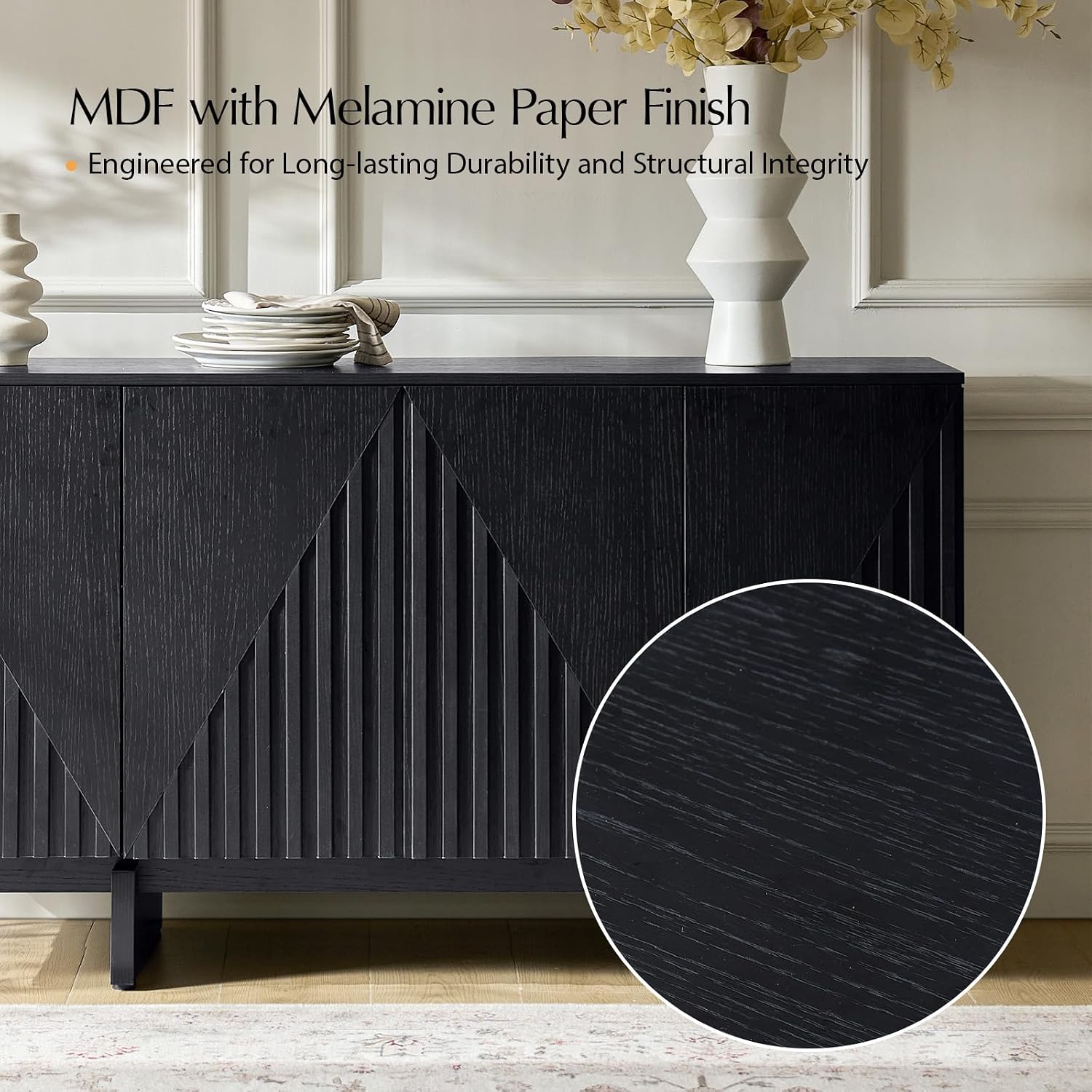 Black Fluted 4-Door Mid Century Solid Wood Sideboard