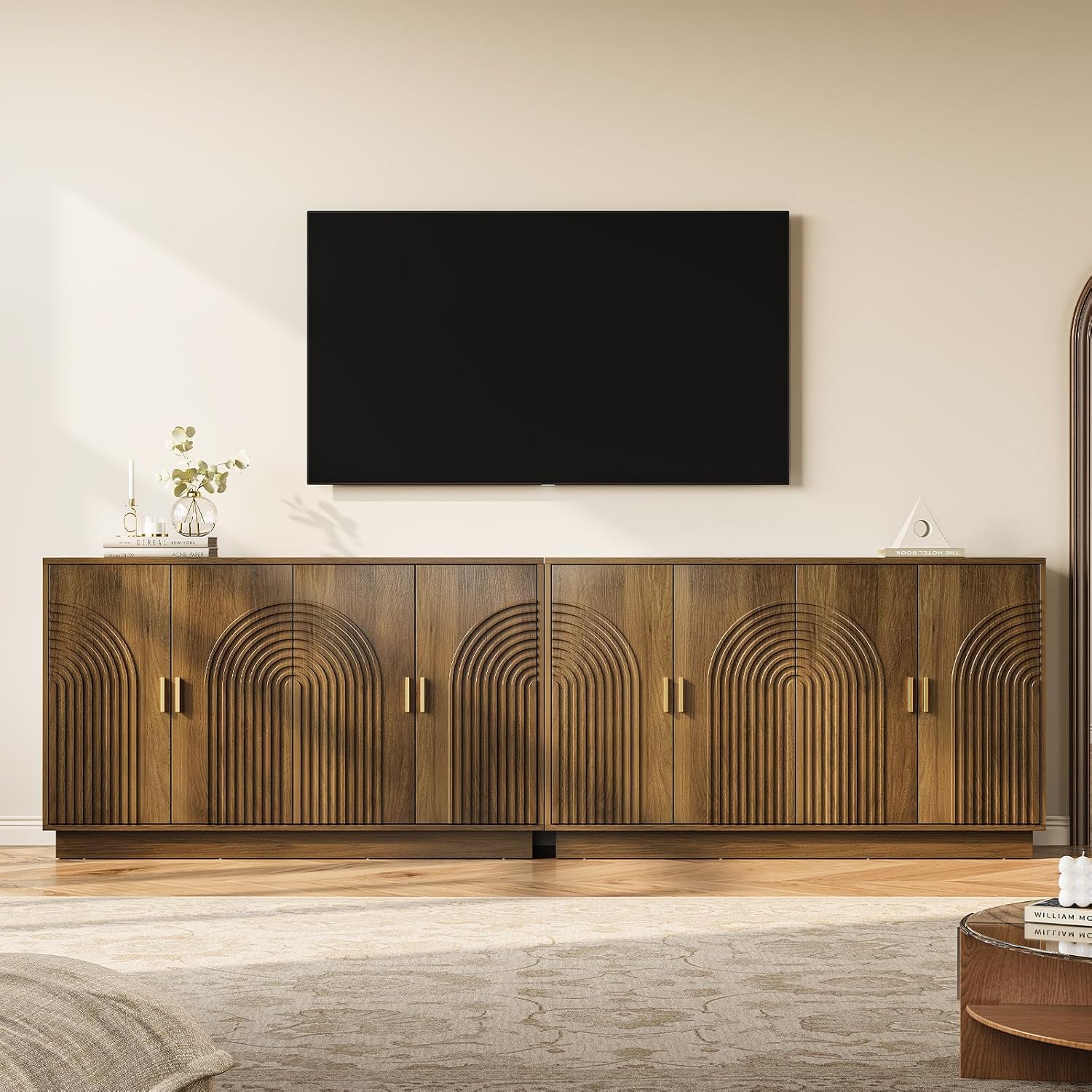 Walnut Fluted 4-Door 57 Inch Storage Sideboard Credenza