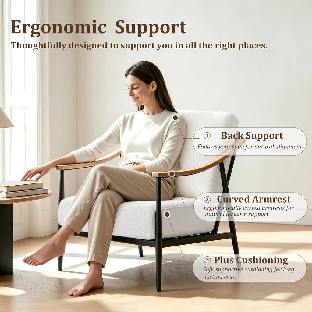 Cream White Mid-Century Metal Frame Upholstered Accent Chair