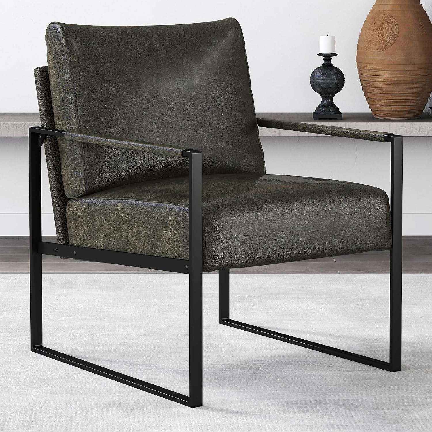 Dark Grey PU Leather Mid-Century Accent Chair with Metal Frame