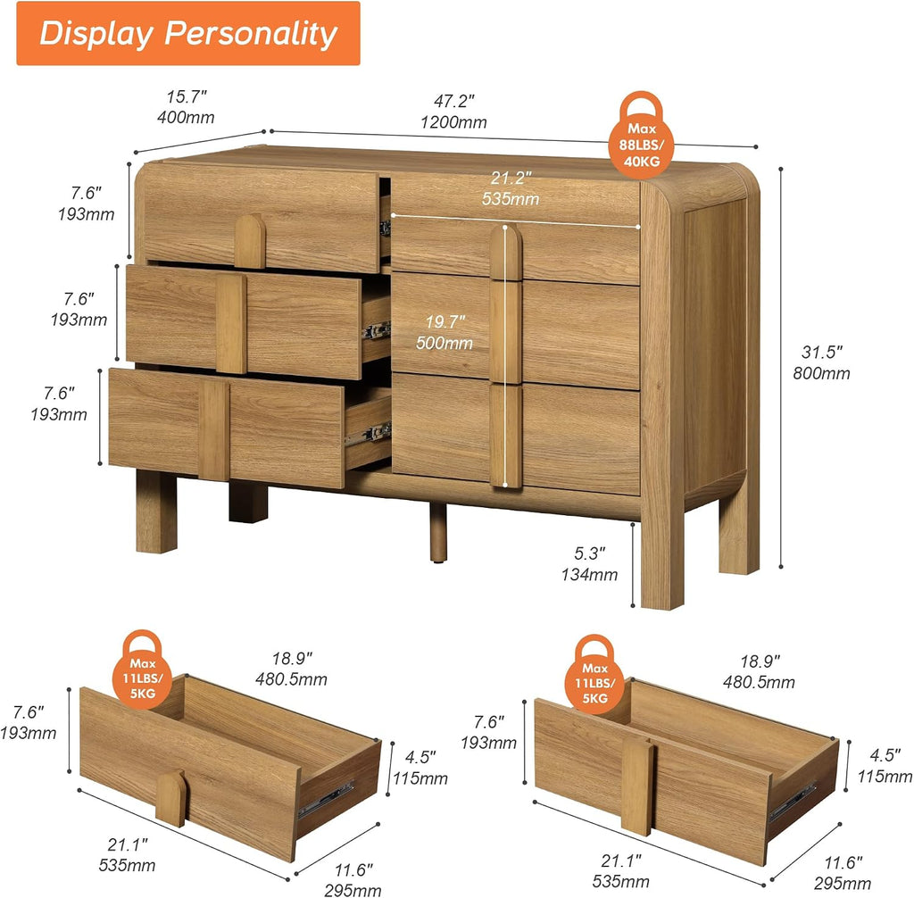 Light Walnut 6-Drawer Modern Sideboard Buffet Cabinet