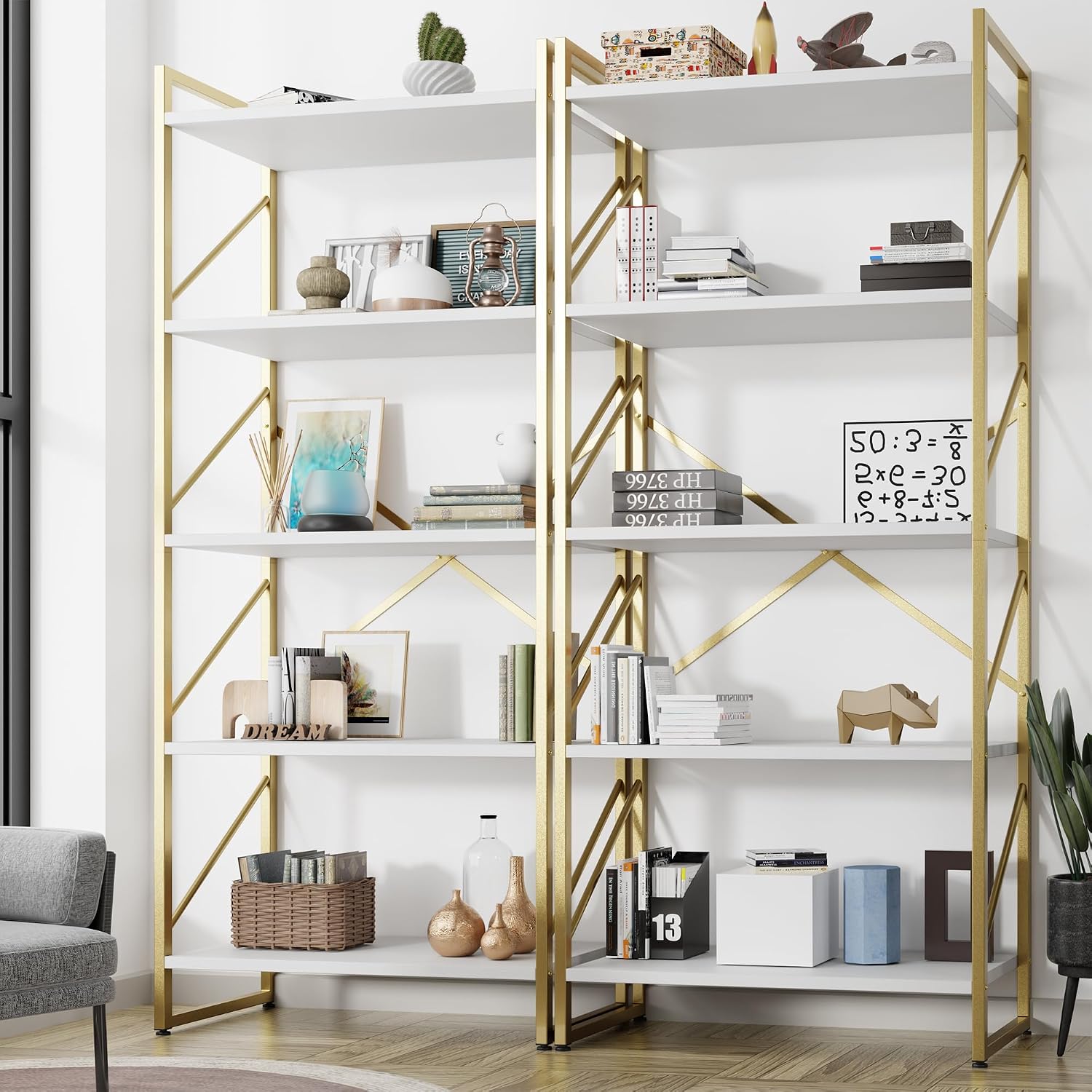 Shintenchi Rustic Brown Industrial 5-Tier Tall Open Bookshelf
