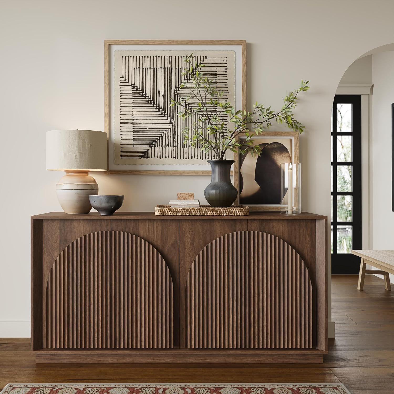 Walnut Double-Layer Arch Fluted 65 Inch Mid-Century Sideboard Credenza