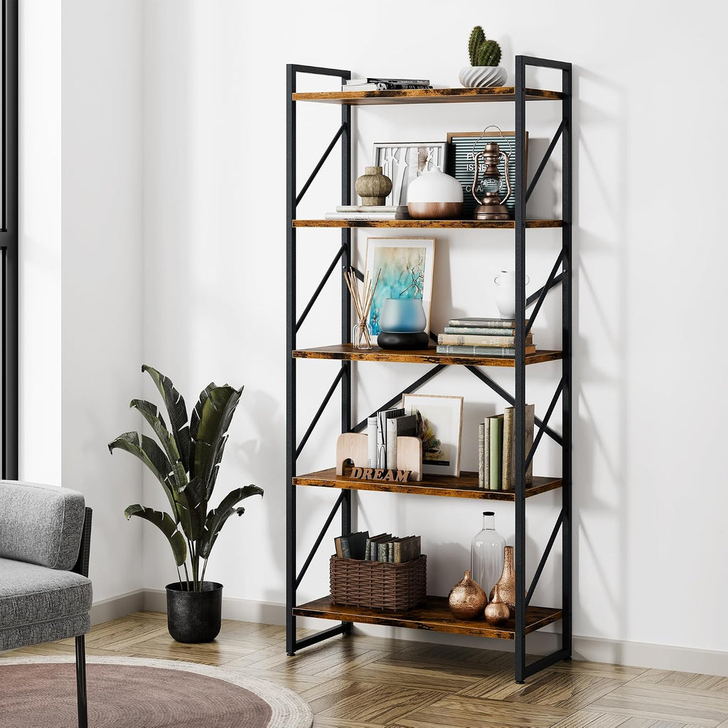 Shintenchi Rustic Brown Industrial 5-Tier Tall Open Bookshelf