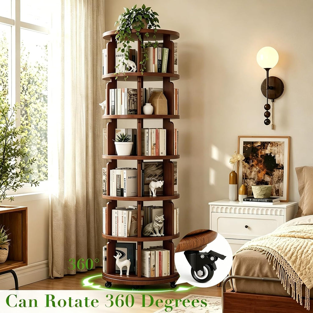 Walnut Wheeled 6-Tier 360° Rotating Solid Wood Corner Bookshelf