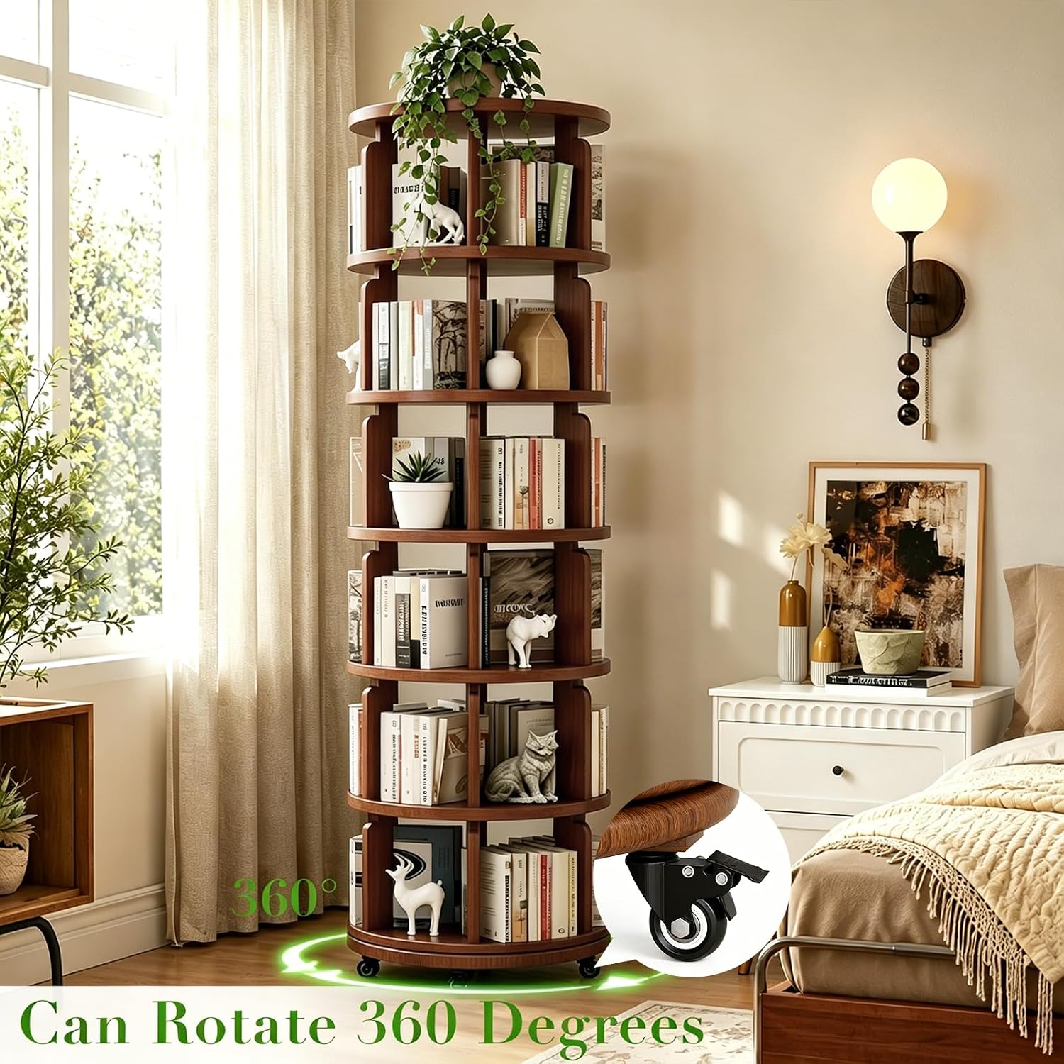 Walnut Wheeled 6-Tier 360° Rotating Solid Wood Corner Bookshelf