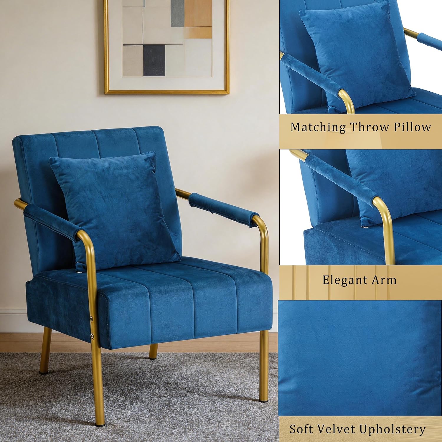 Blue Velvet Mid-Century Accent Chair with Gold Metal Frame