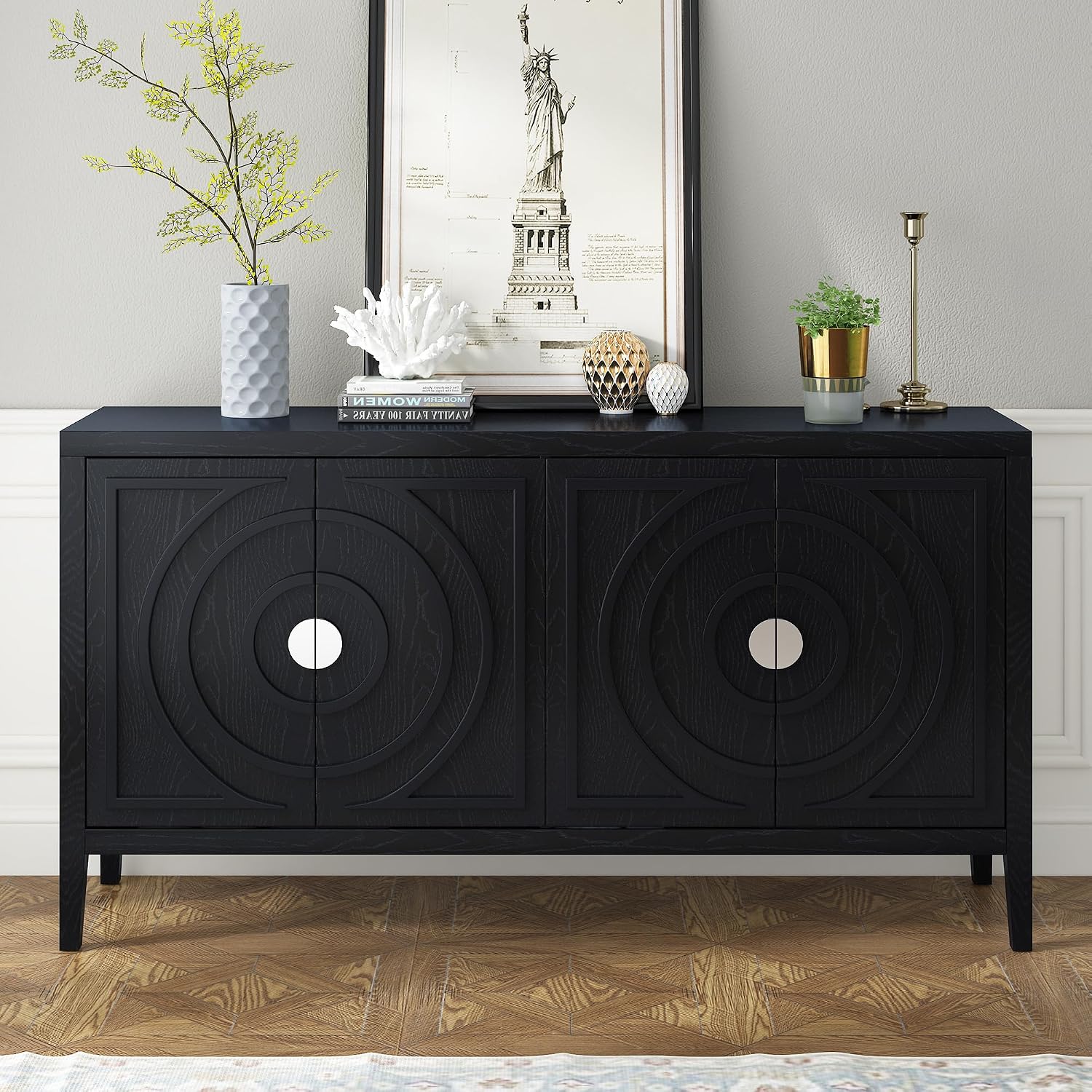 Black Round Metal Handle Retro Storage Sideboard Cabinet